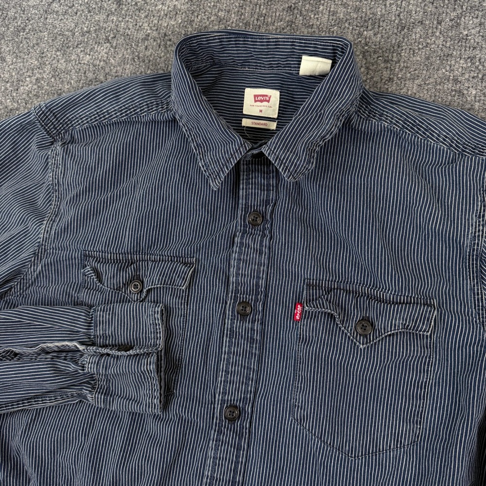 Levis Shirt Mens M Blue White Hickory Stripe Long Sleeve Button Up Work Engineer